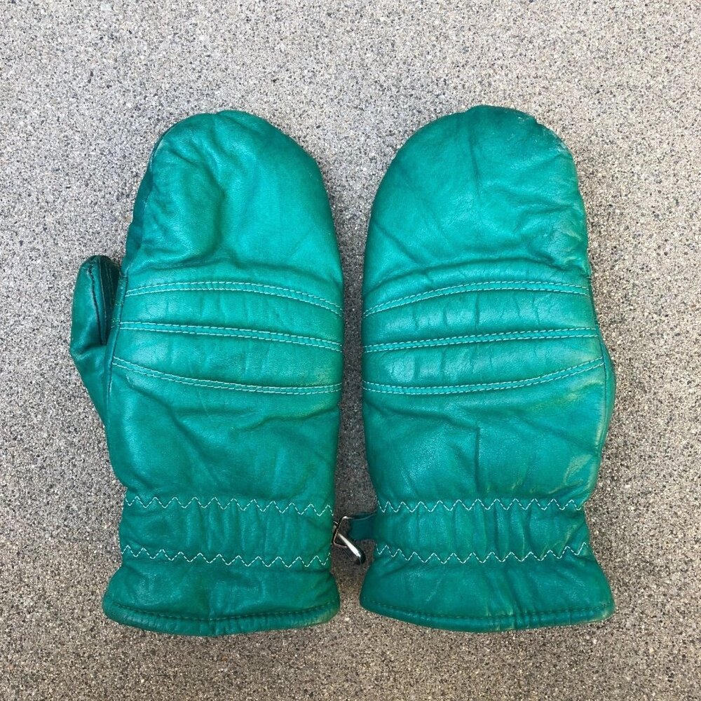 Vintage 80s CONROY Leather Gloves Women's MEDIUM Green Fleece Lined Snow Winter
